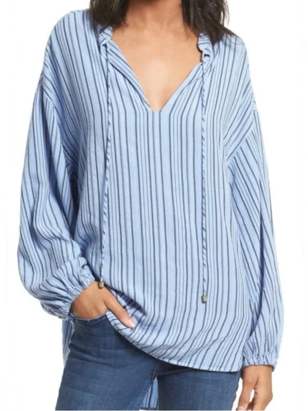 Free People Oversized Tunic Top Long Sleeve Blue Black XS/S